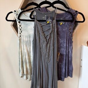 American Eagle Outfitters Lace-Up Tank Tops - Gray, Blue, Cream Bundle